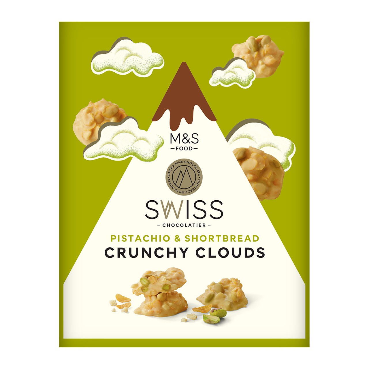 SWISS CHOCOLATIER PISTACHIO & SHORTBREAD CRUNCHY CLOUDS CHOCOLAT IER SWISS BLOND CHOCOLATE WITH PISTACHIOS, SHORTBREAD AND CORNFLAKES. | 140 g